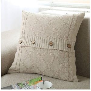 Beige Knitted Cushion Cover with Buttons